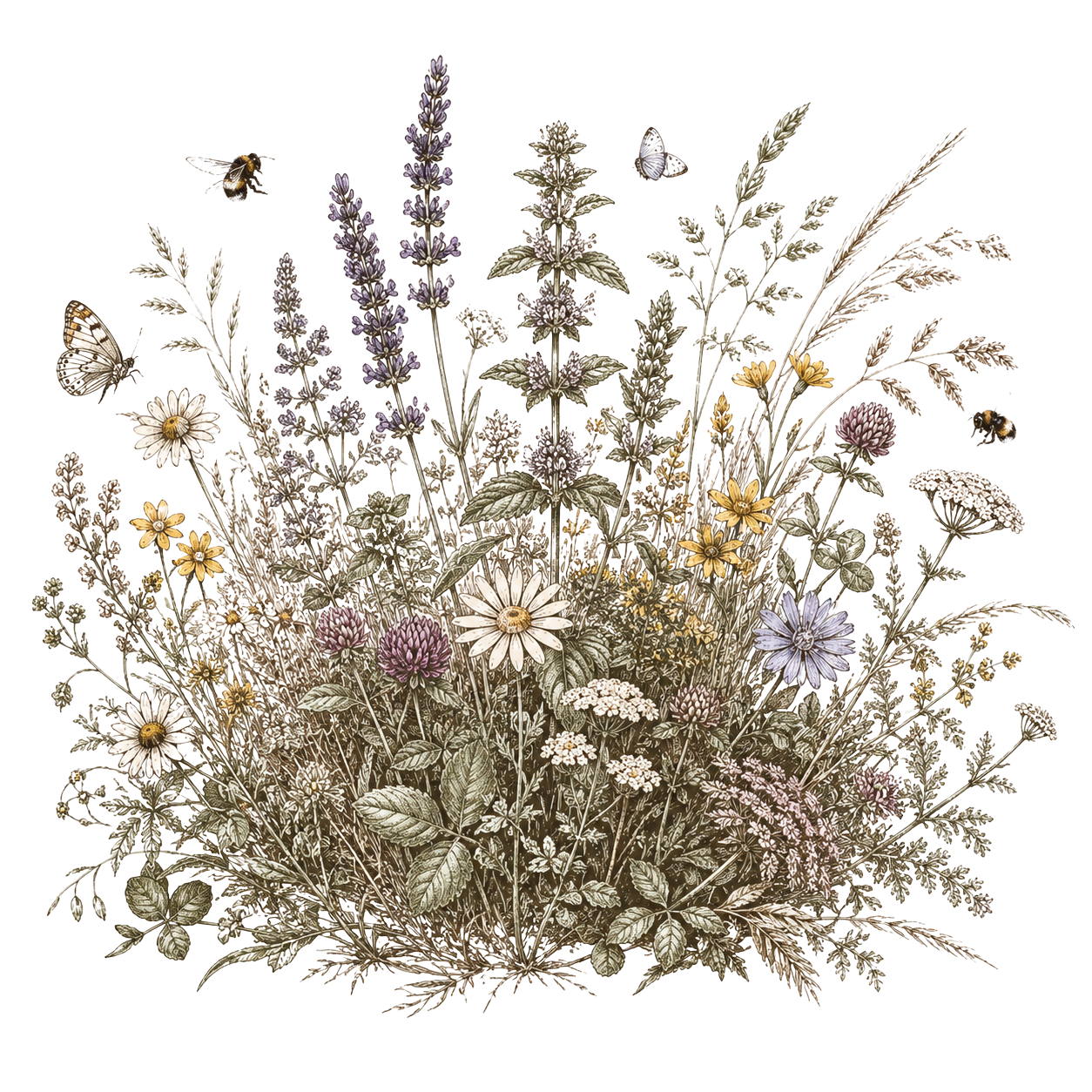 Wildblumenwiese mit verschiedenen Blüten und Kräutern